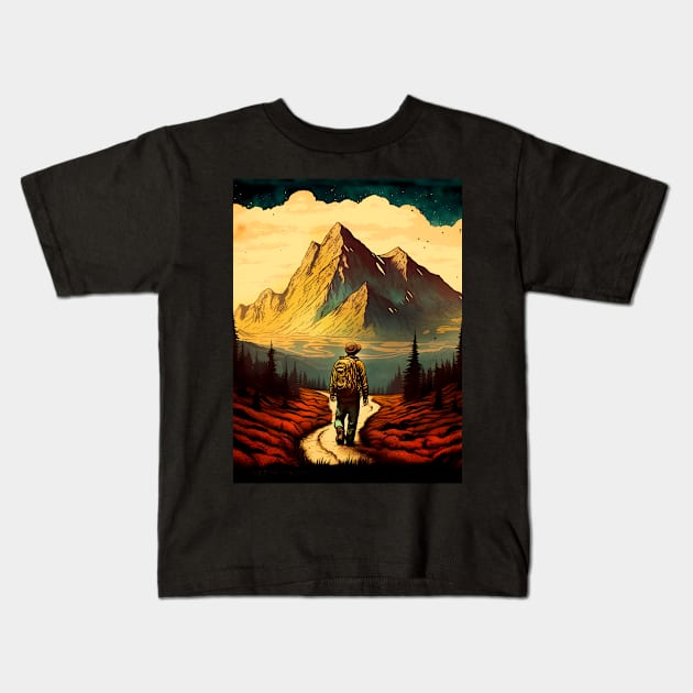 Hiking Wanderlust in the Wilderness: Not All Who Wander are Lost - J.R.R. Tolkien on a dark background Kids T-Shirt by Puff Sumo